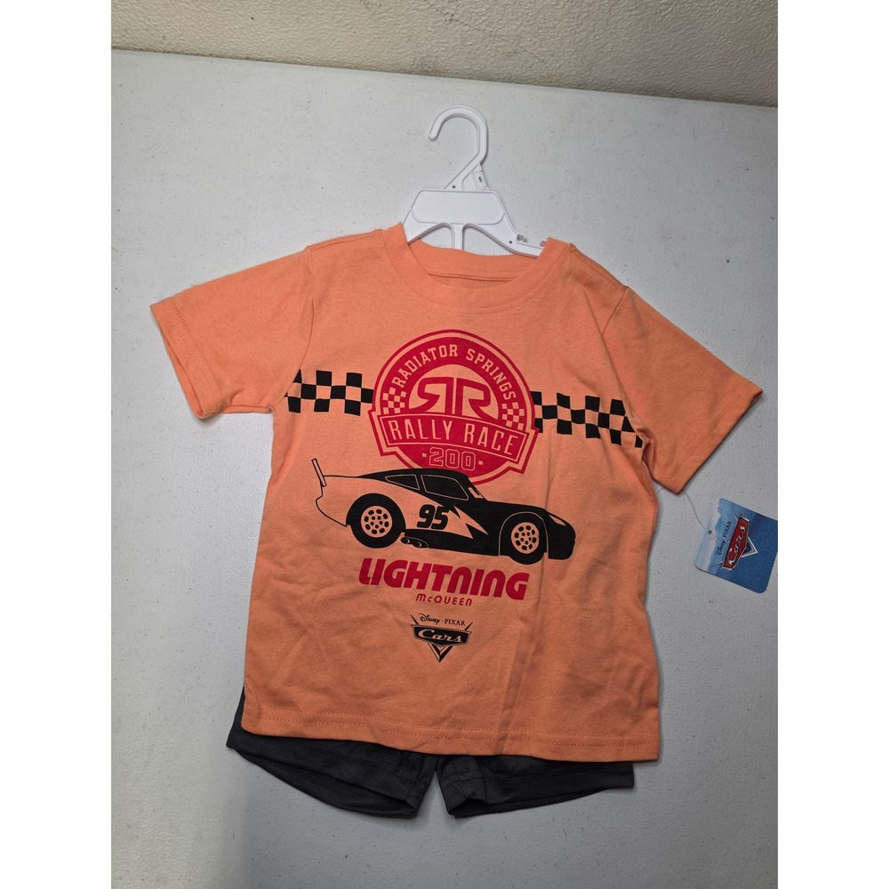 Disney Pixar Cars Lightning McQueen Orange Shirt Grey Shorts Set 4T New